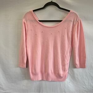 Vintage Sweater Women Light Pink Scoop Neck Silver Ball Embellishment 3/4 Sleeve